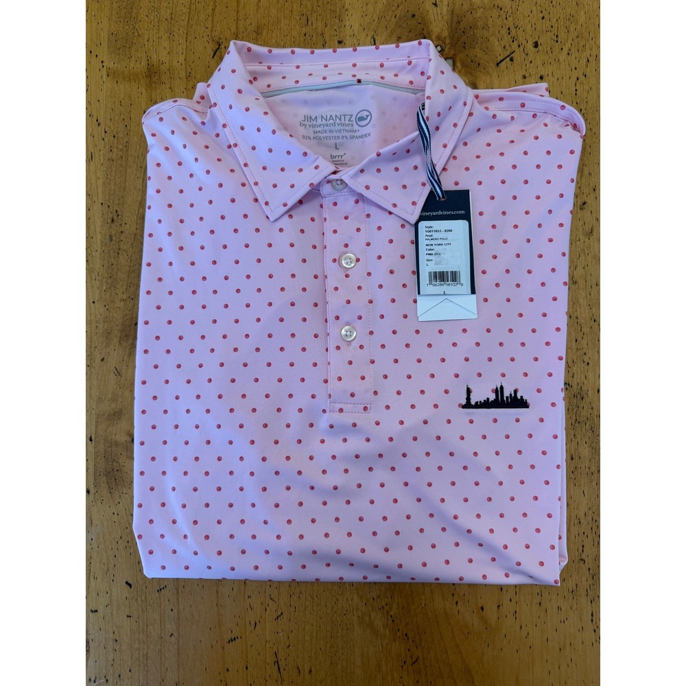 New Vineyard Vines Palmero Size L Jim Nantz NYC Skyline Pink Polka Dot Golf Polo